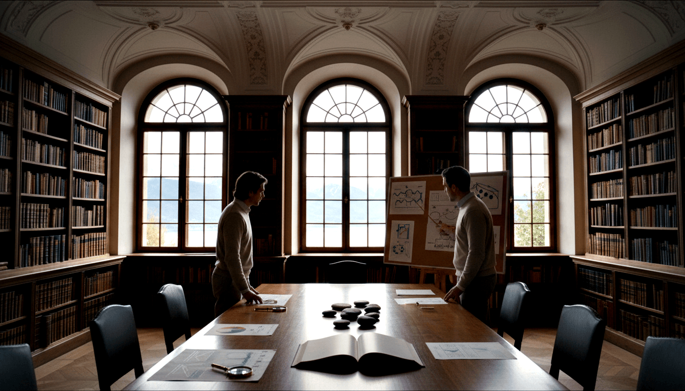 Two men in cream turtlenecks flank a paper-covered table in a dark wood library with arched windows showing a mountainous lake view.