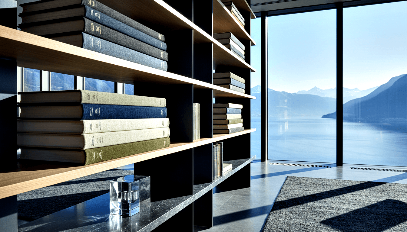 Wood bookshelf with black metal dividers holds stacked books; floor-to-ceiling windows reveal snow-capped mountains reflected in a lake.