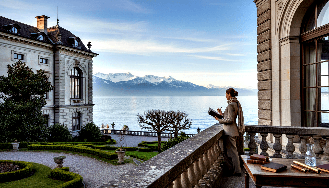 Woman from behind in tan coat on stone balcony holding notebook, overlooking formal garden, calm lake, and snow-capped mountains.