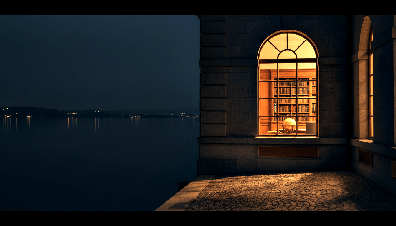 Classical stone building at water's edge at night, arched Palladian window glowing amber to reveal bookshelves and a terrestrial globe.