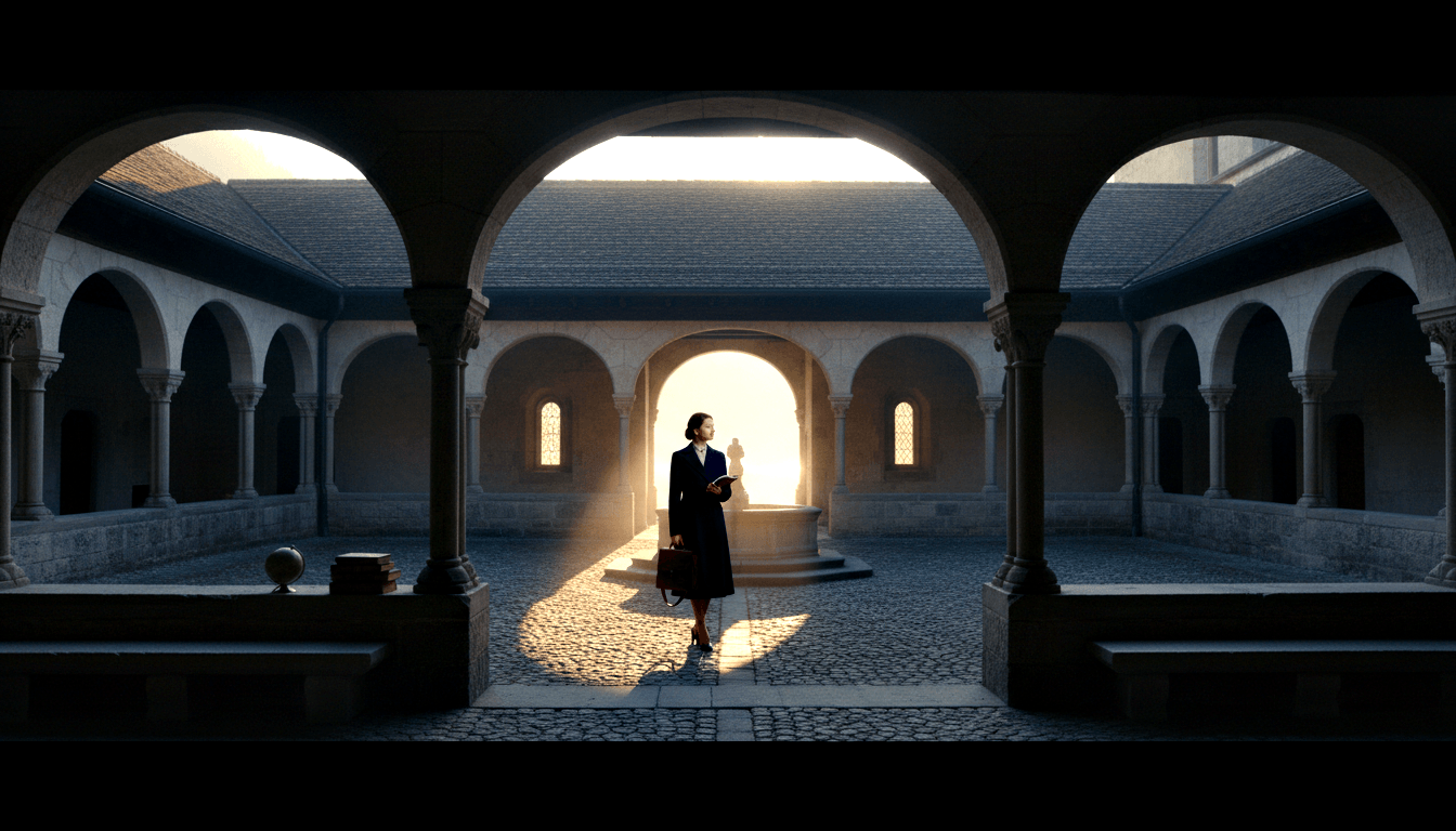 Silhouetted figure with book in center Romanesque arch, golden backlight casting shadow on cobblestones in stone cloister.