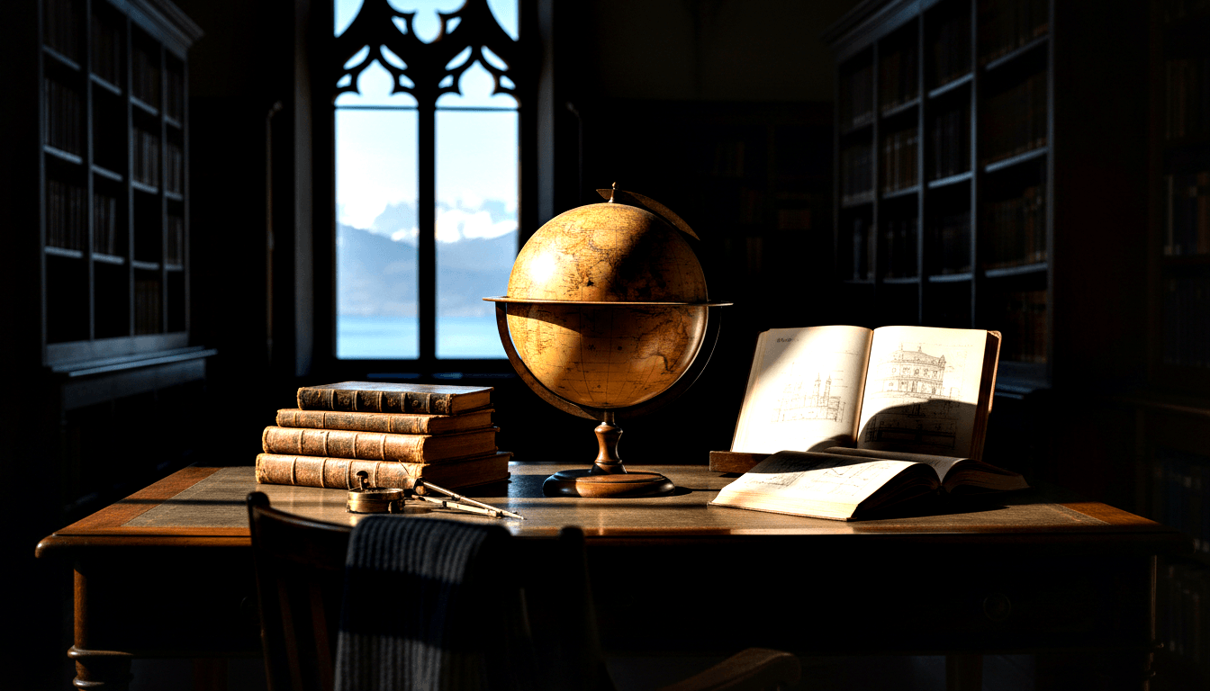 CGI vintage cartographic globe on brass-fitted wooden stand on a mahogany desk with leather-bound books and an open journal.