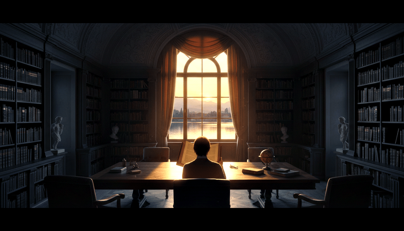 Silhouetted figure at wooden desk in grand library; bookshelves, marble busts, arched window, waterfront dusk backdrop.