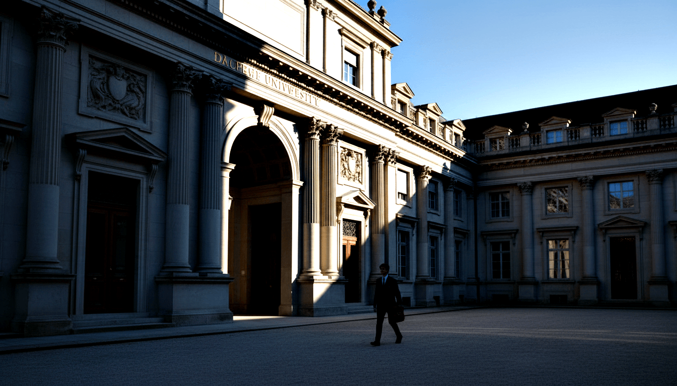 Neoclassical stone building with Corinthian columns and carved heraldic relief; lone man in business attire crosses cobbled courtyard.