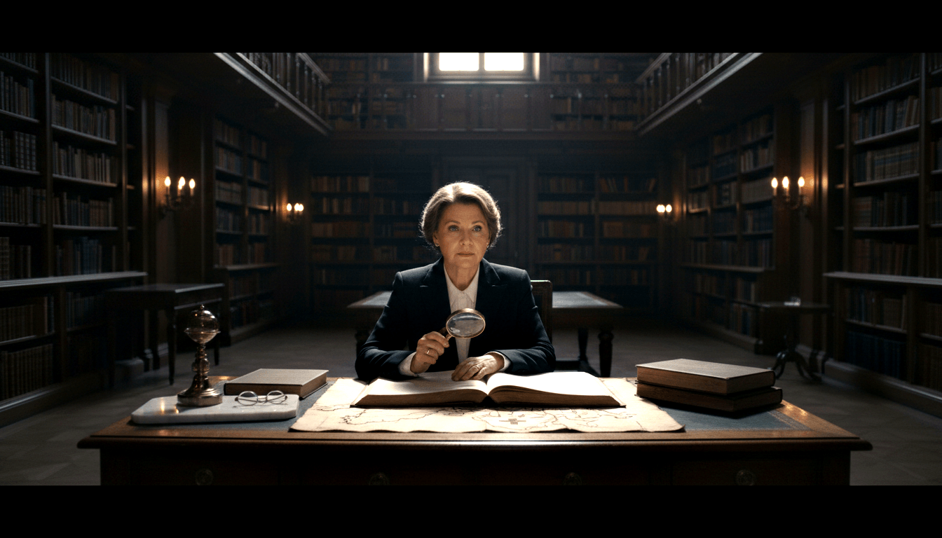 Silver-haired woman in navy blazer examines open tome and aged map with magnifying glass at antique desk in wood-paneled library.