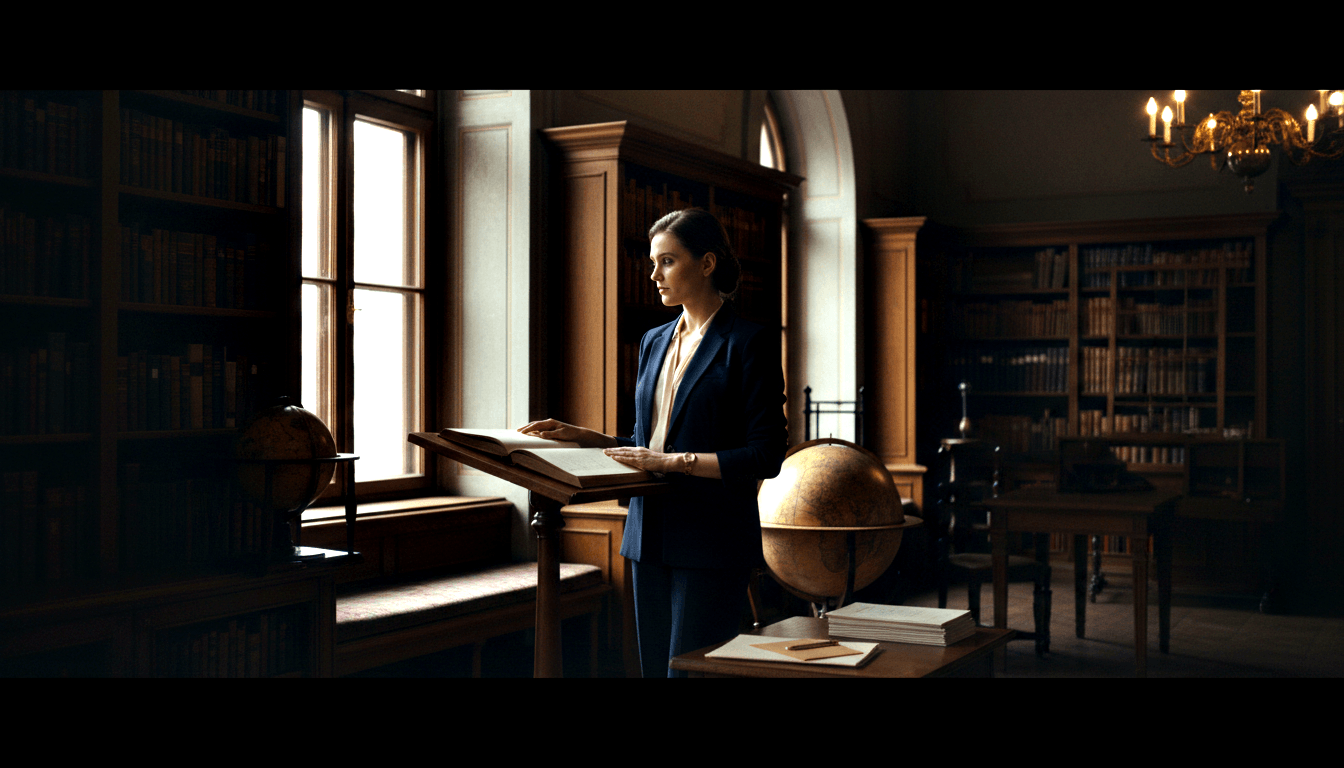 Woman in navy blazer at wooden lectern examining a large open book in a wood-paneled library with floor-to-ceiling leather-bound volumes.