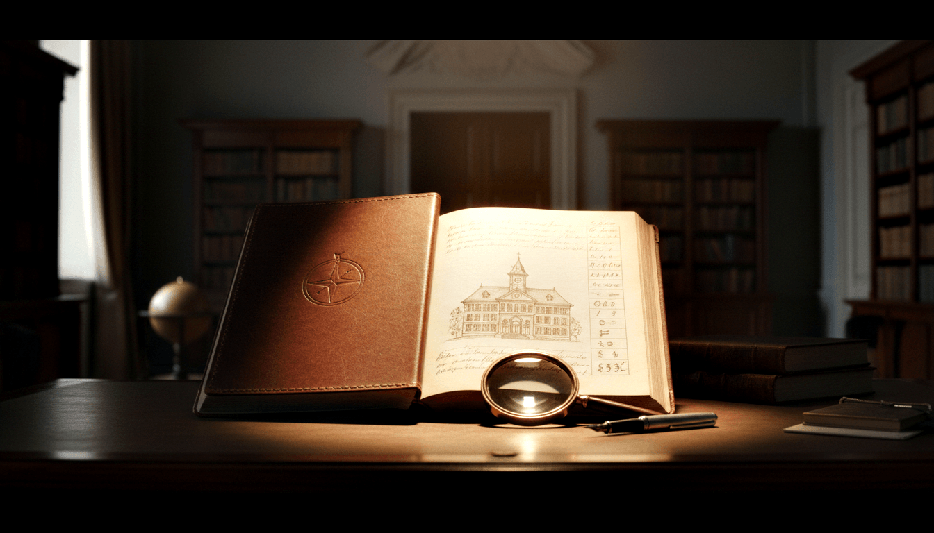 Open journal with hand-drawn building, clock tower, notes; brass magnifying glass across pages; closed cognac leather journal with compass-rose.