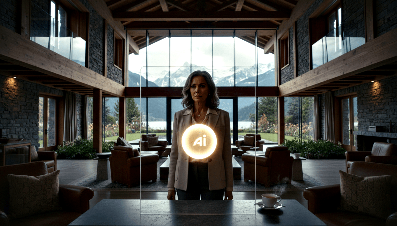 Woman in beige blazer holds glowing circular orb inscribed 'Ai' in a lodge with wooden beams, stone walls, and mountain views.