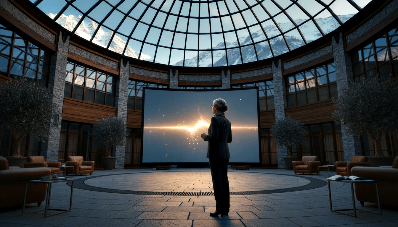 Silver-haired woman in dark attire faces glowing starburst screen in glass-domed rotunda with snow-capped mountain views.