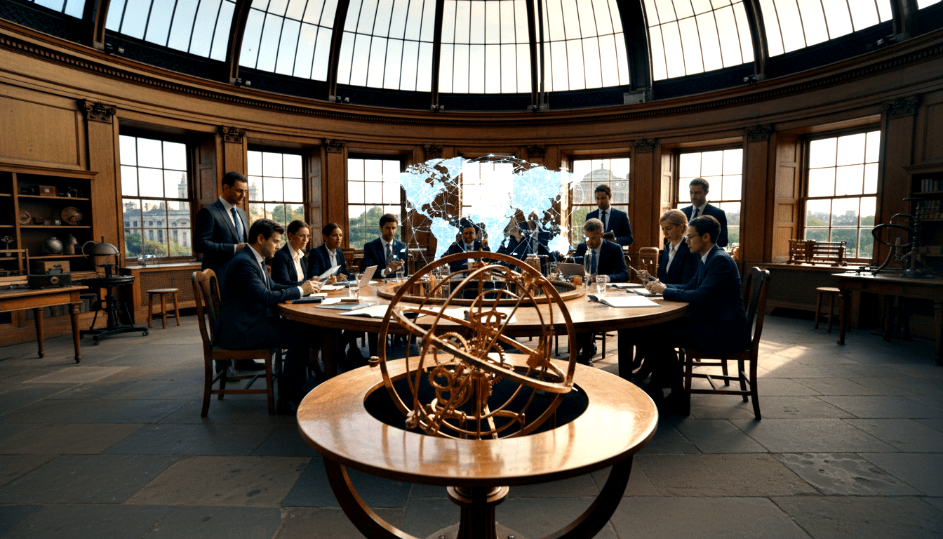 Domed room: formally dressed figures around oval table with laptops, blue holographic world-map above, brass armillary sphere foreground.