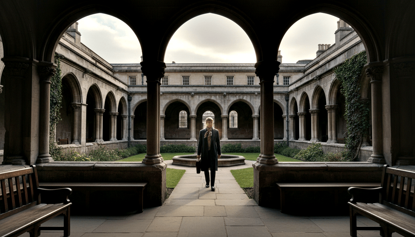 Adult in dark coat and patterned scarf walks along a stone pathway through a symmetrical courtyard with arched colonnades and ivy-covered walls.