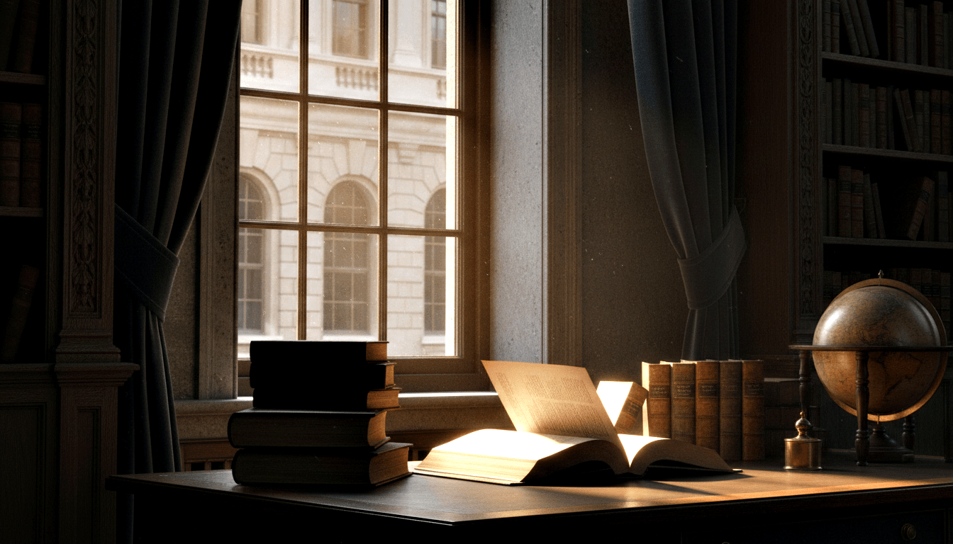 Dim library with tall dark bookshelves, heavy curtains, and sunlight falling on an open book on a wooden desk with stacked aged volumes.