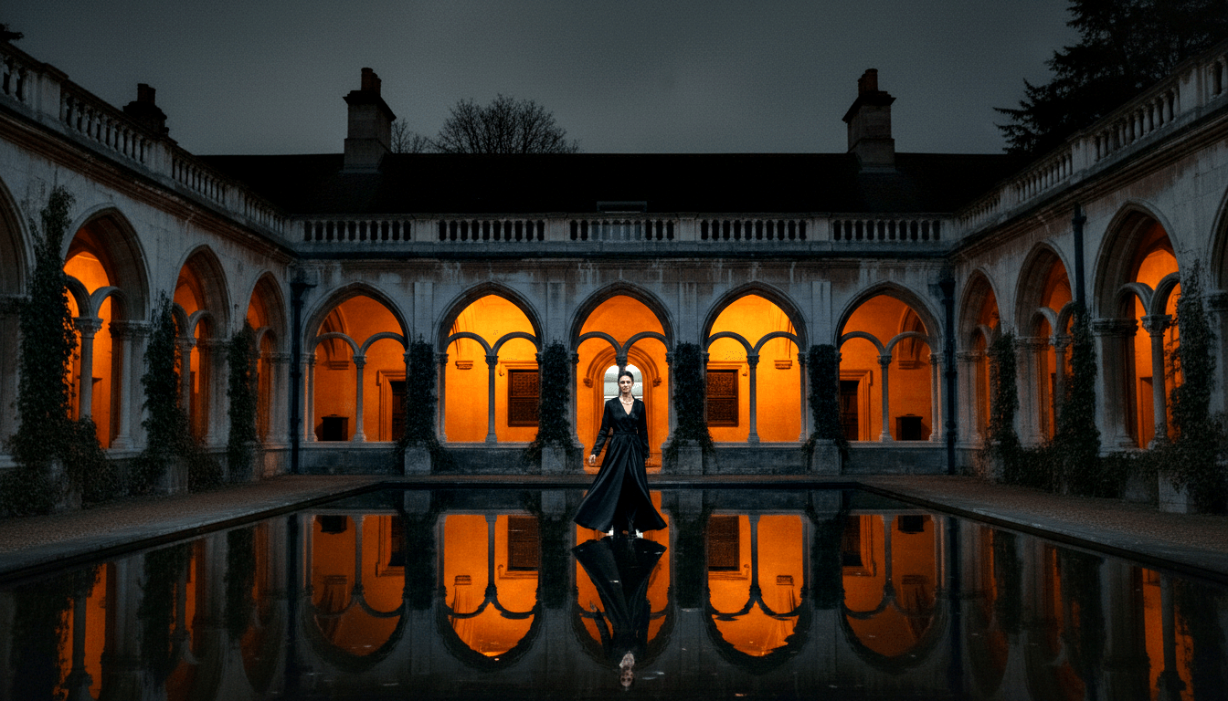 Woman in long black gown before illuminated Gothic-revival stone arcade with pointed arches reflected in a still pool at night.