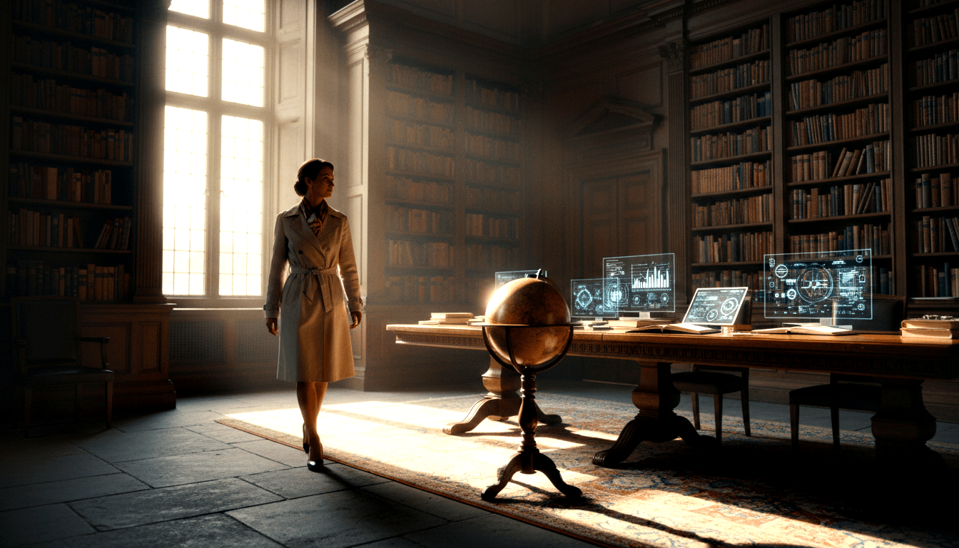 Woman in belted cream trench coat in a classical library with floor-to-ceiling bookshelves, antique globe, and glowing holographic screens.