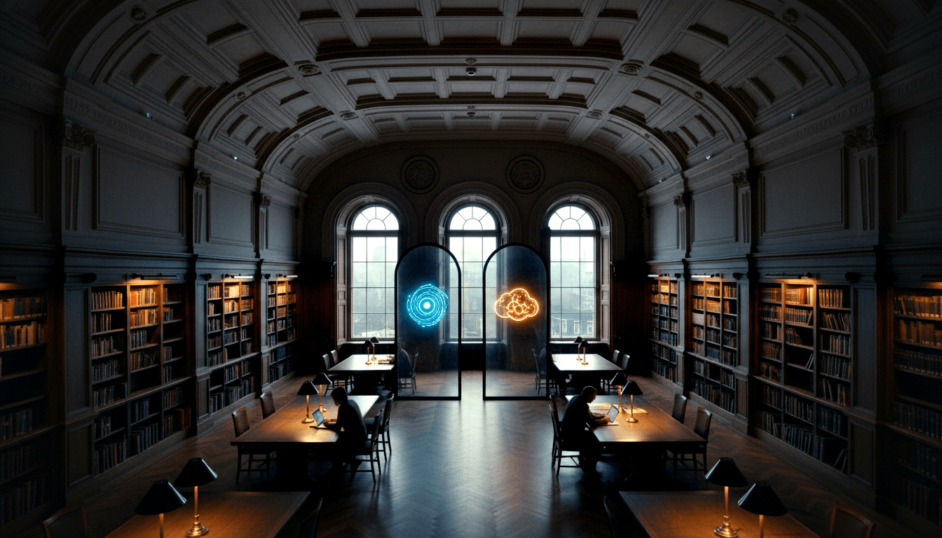 CGI library reading room, barrel-vaulted ceiling, bookshelves, two figures at tables, cyan orbital and orange cloud icons at far end.