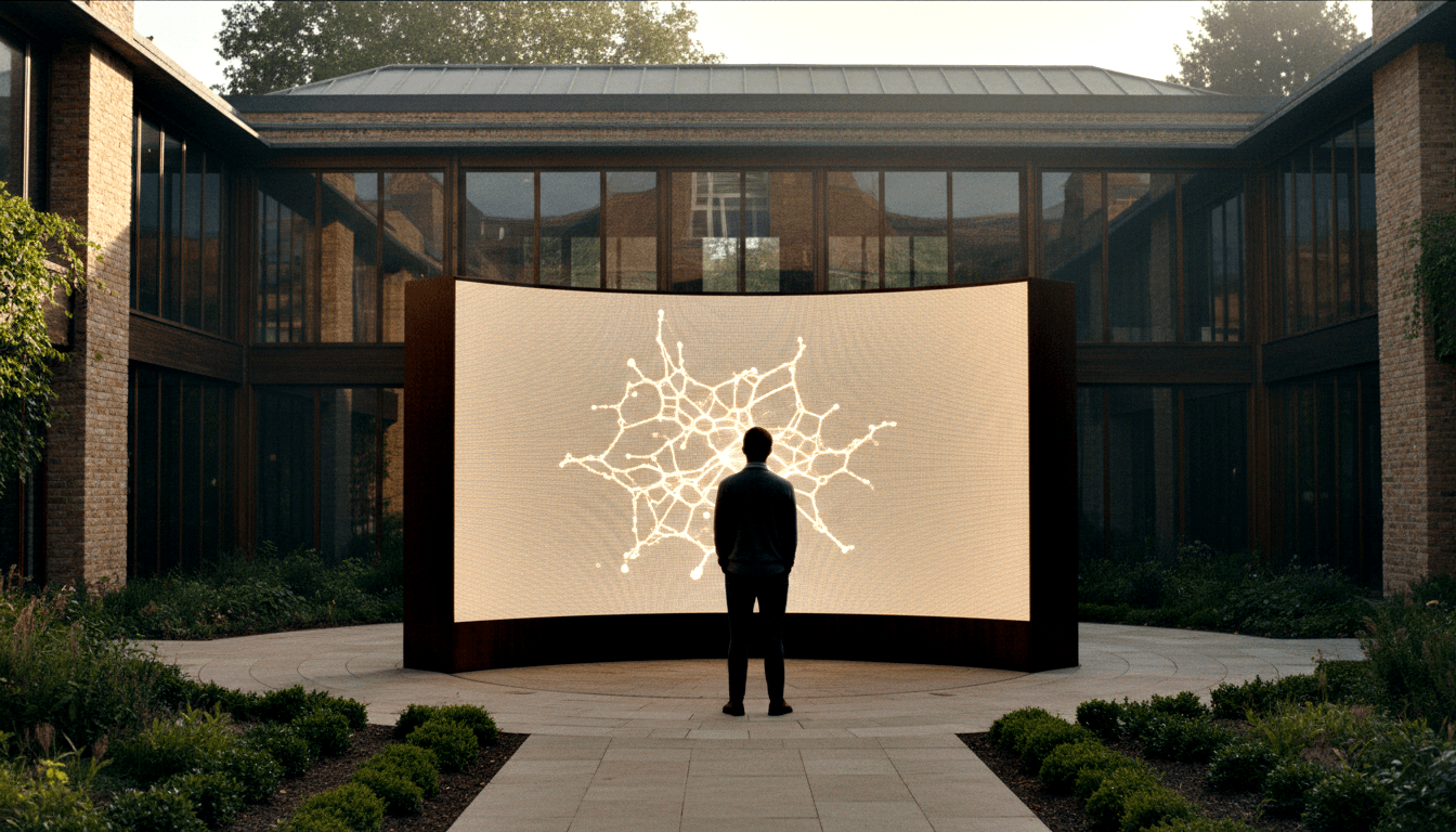 Figure in dark formal attire seen from behind stands before a large curved display showing a bright branching network pattern in a courtyard.