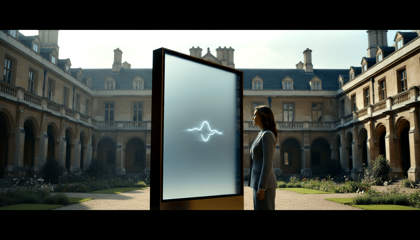 Woman in grey suit stands in profile before a large glowing blue-white waveform panel in a neoclassical colonnaded courtyard.