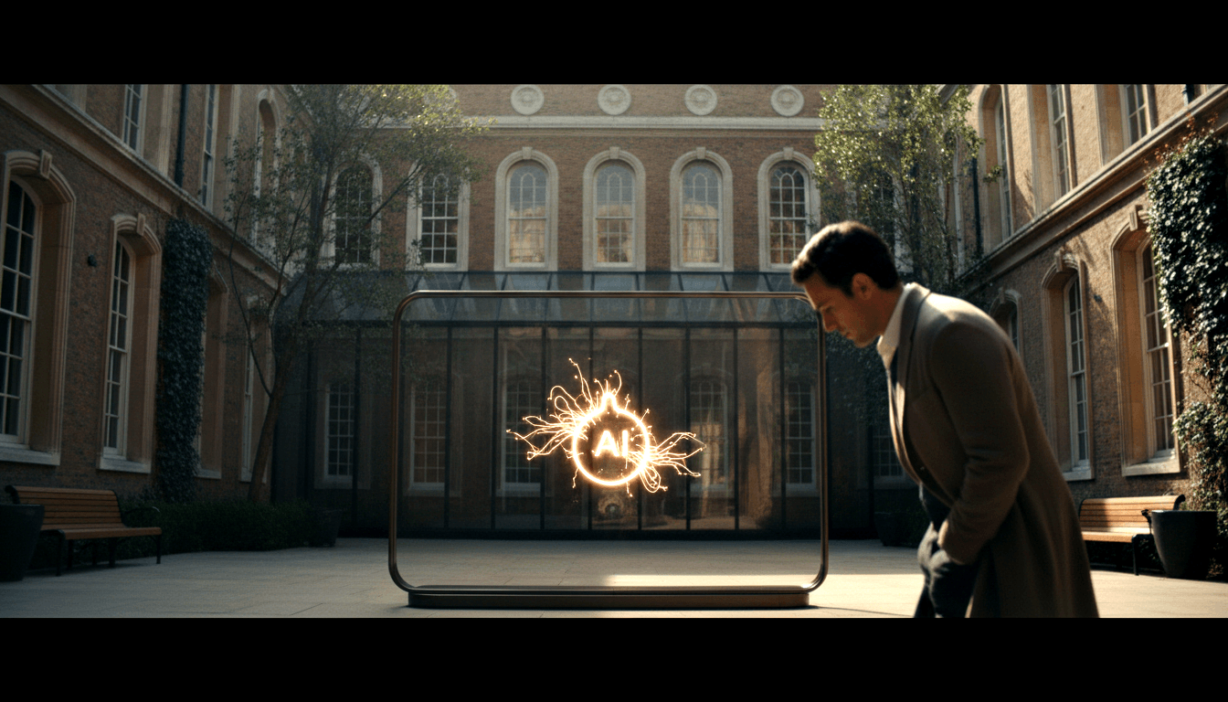 Man in grey overcoat gazes at glowing amber frame displaying 'AI' with sparks in a red-brick courtyard.