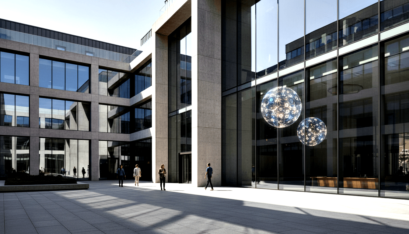 Sunlit plaza with gray stone paving, glass curtain-wall buildings, and two translucent spherical sculptures with constellation patterns on poles.