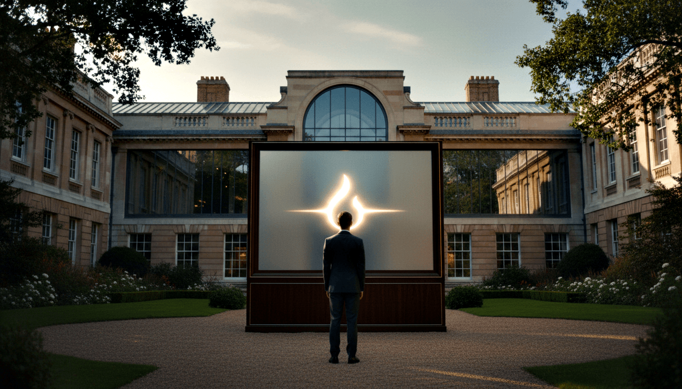 Person in dark suit, back to viewer, stands before a large glowing white-gold flame or starburst panel in a neoclassical sandstone courtyard.
