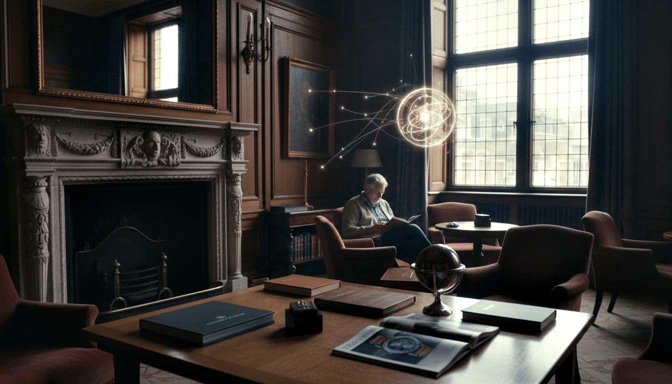 Gray-haired man in cardigan sits in burgundy armchair reading, in a wood-paneled study with marble fireplace and bookshelves.