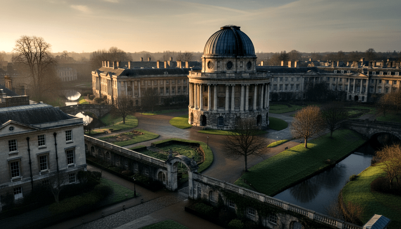Aerial view of a neoclassical domed rotunda with Corinthian columns flanked by Georgian colonnaded stone buildings and a narrow canal.