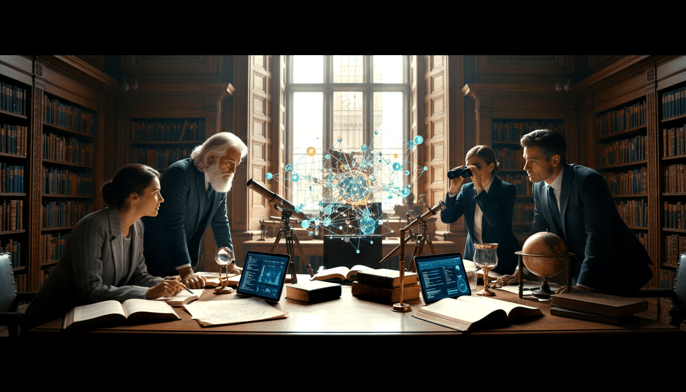 4 people around large wooden table in grand library with floor-to-ceiling bookshelves and cyan holographic network floating at center.