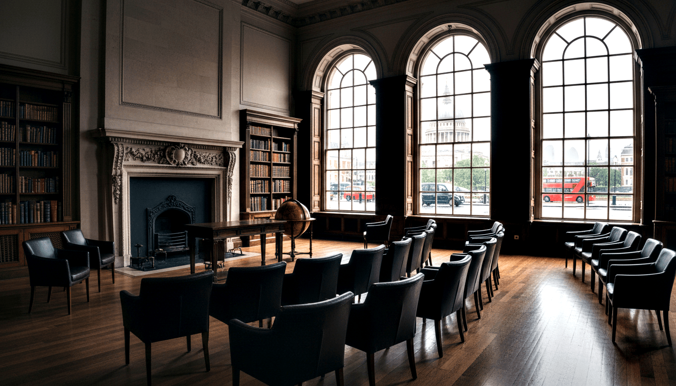 Formal room with leather armchairs, antique desk, globe, bookshelves, marble fireplace, arched windows overlooking red double-decker buses.