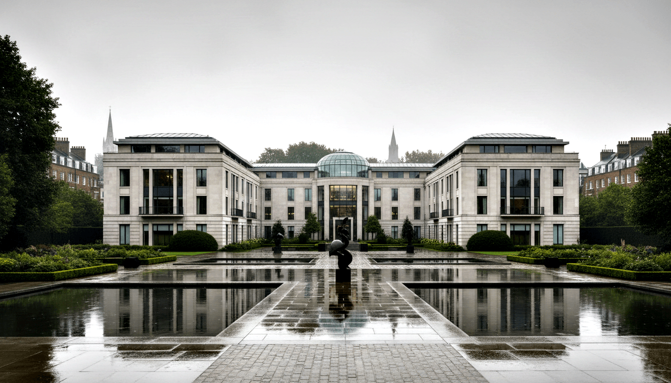 Neoclassical building with glass-steel dome, cream-grey wings, reflecting pool, dark sculptures, clipped hedgerows, overcast sky.