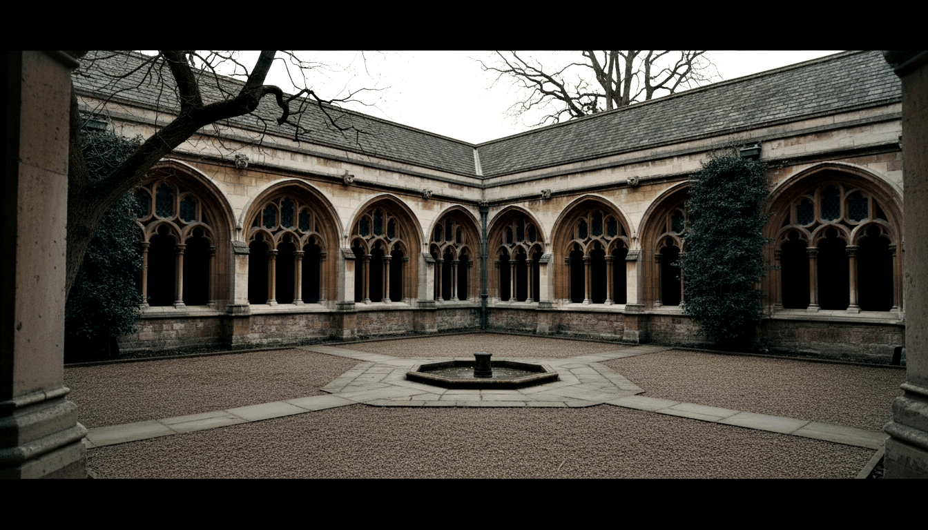 Gothic cloister quadrangle with octagonal stone fountain, gravel ground, X-patterned paths, and honey-amber pointed arched arcades.
