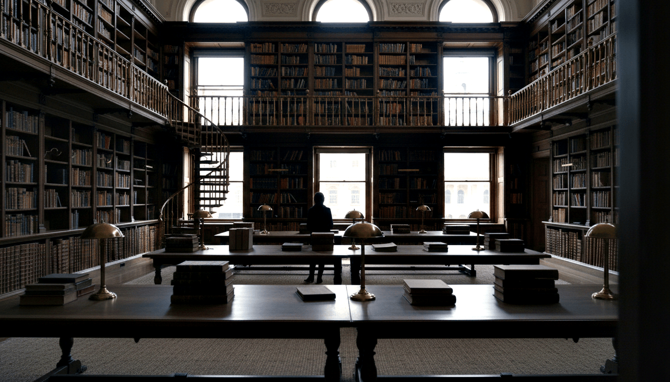 Grand two-story library with mahogany shelves, iron spiral staircase, arched windows, brass lamps, and lone silhouetted figure.