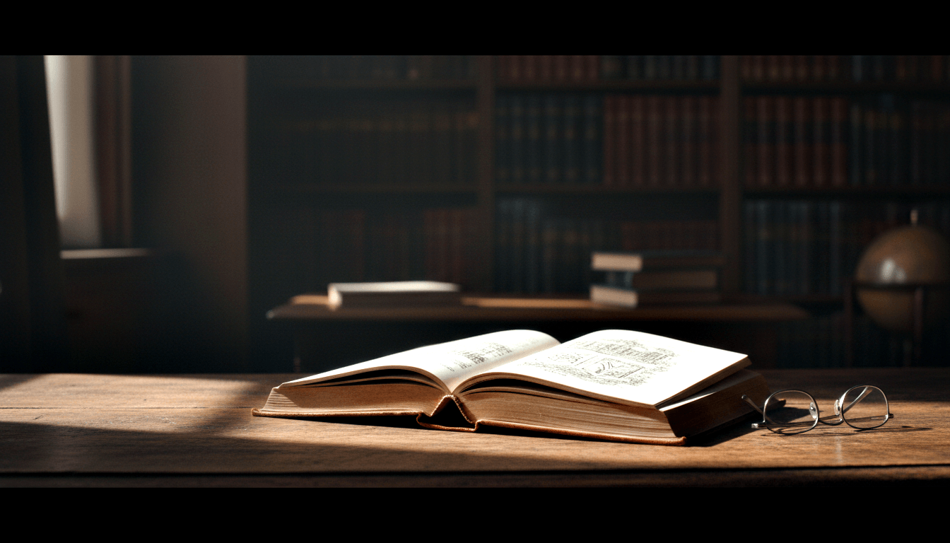 CGI open hardcover book on amber wooden desk with cream illustrated pages, wire-rimmed glasses to the right, blurred bookshelves behind.