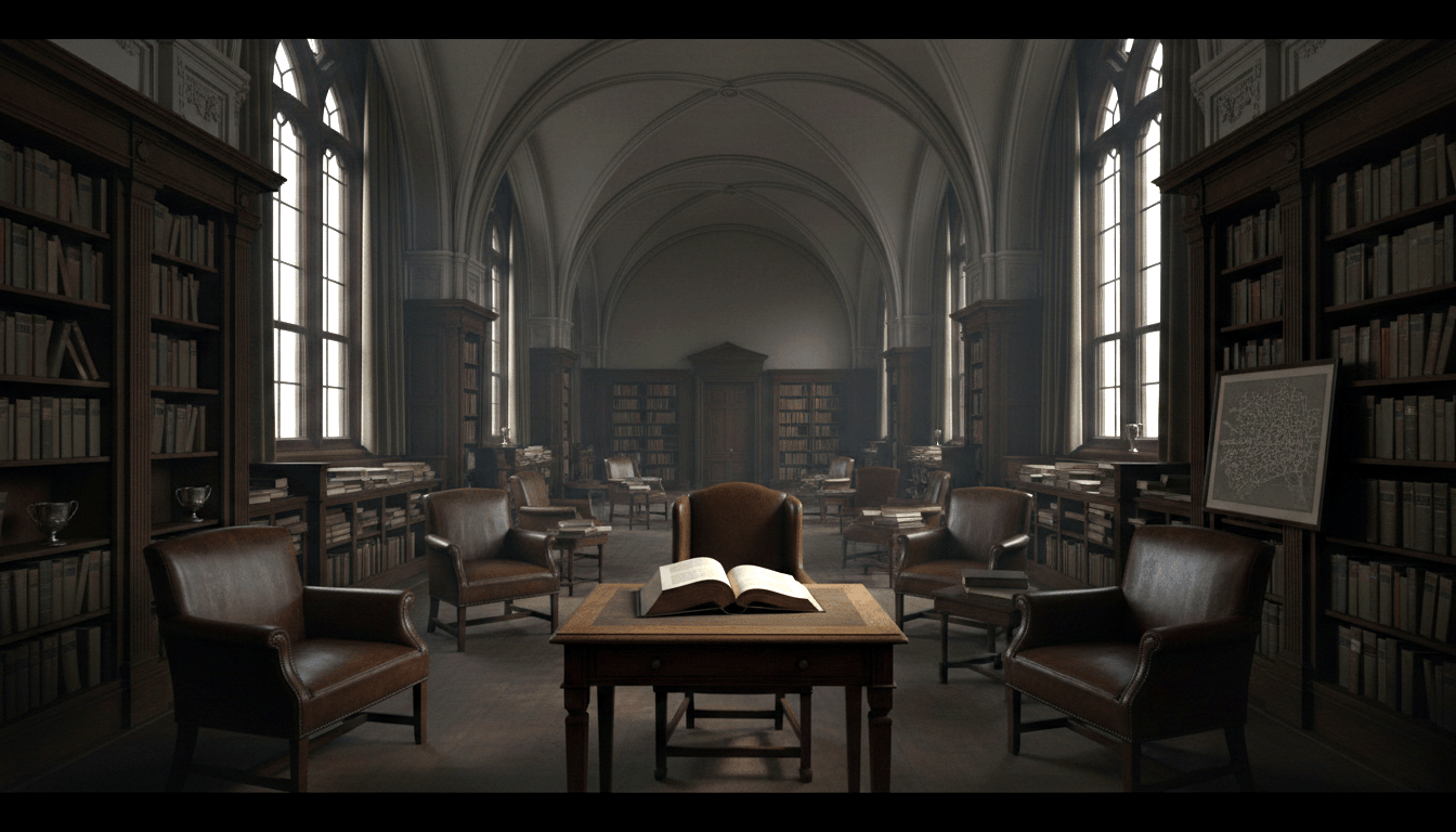 CGI Gothic-Neoclassical library with mahogany chairs, carved table, open book, floor-to-ceiling shelves, arched windows.