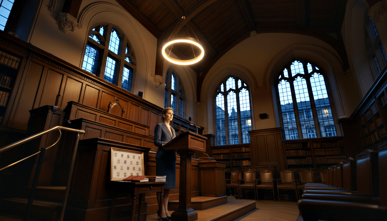 Woman in charcoal blazer speaking at ornate wooden lectern in Gothic hall with vaulted ceilings and arched leaded-glass windows.