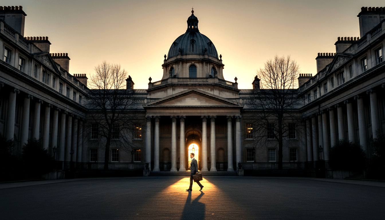 Silhouetted suited figure with satchel crossing a courtyard before a neoclassical building with central dome and colonnaded portico.