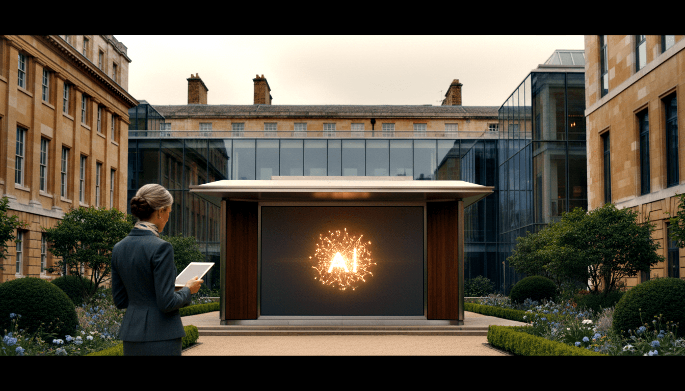 Grey-haired woman in dark suit holding tablet faces a freestanding kiosk with glowing amber emblem in a courtyard.