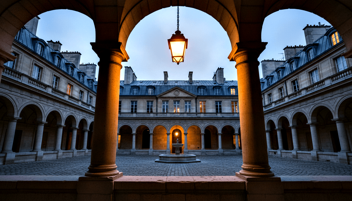 Stone archway frames a classical courtyard at dusk with a central fountain, arcaded galleries, mansard rooftops, and a glowing lit arcade arch.