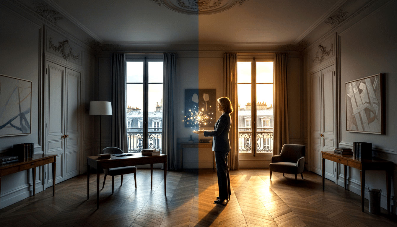 Woman in dark suit holds glowing sparkler at the boundary between a cool blue-grey left half and warm golden right half of an ornate room.