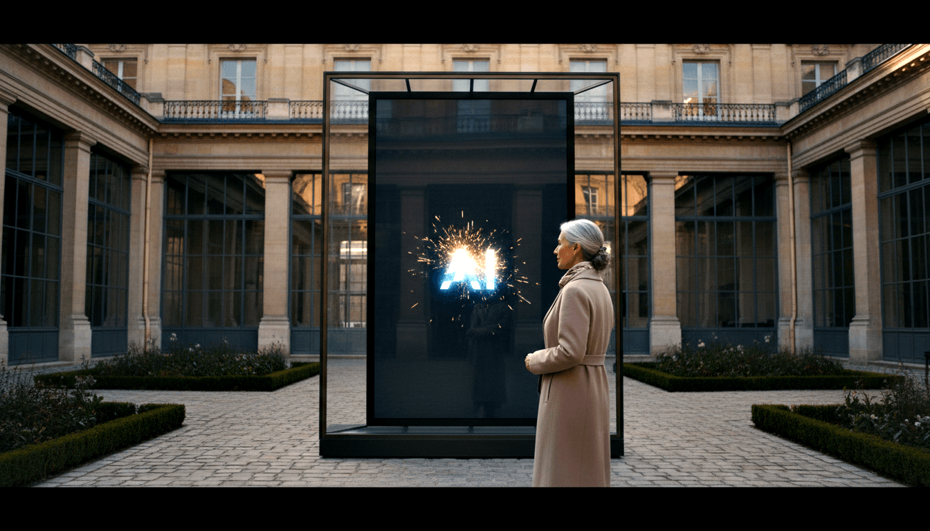 Silver-haired woman in camel coat stands before glass vitrine bursting with blue-white light in stone colonnaded courtyard.