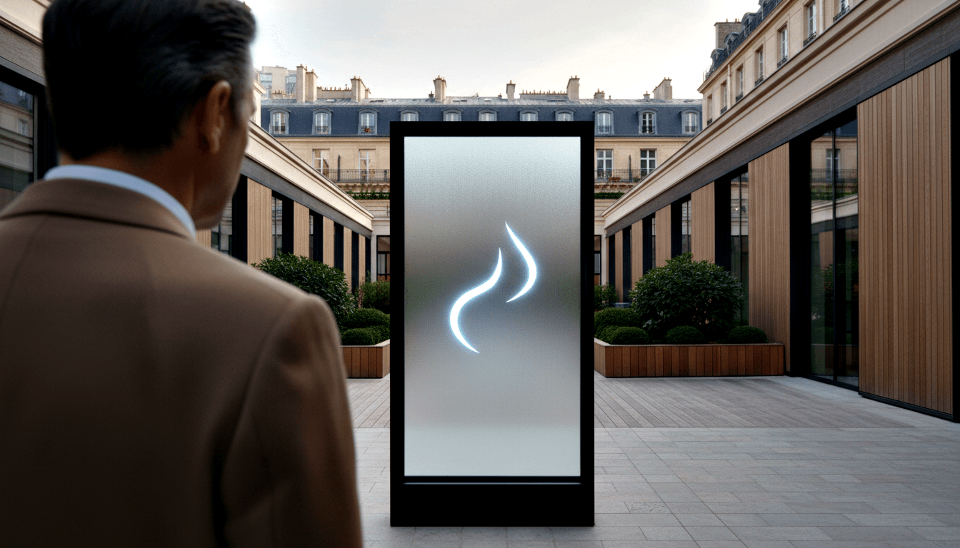 Man in tan blazer seen from behind facing a tall black-framed illuminated kiosk with two glowing white curves on frosted surface.