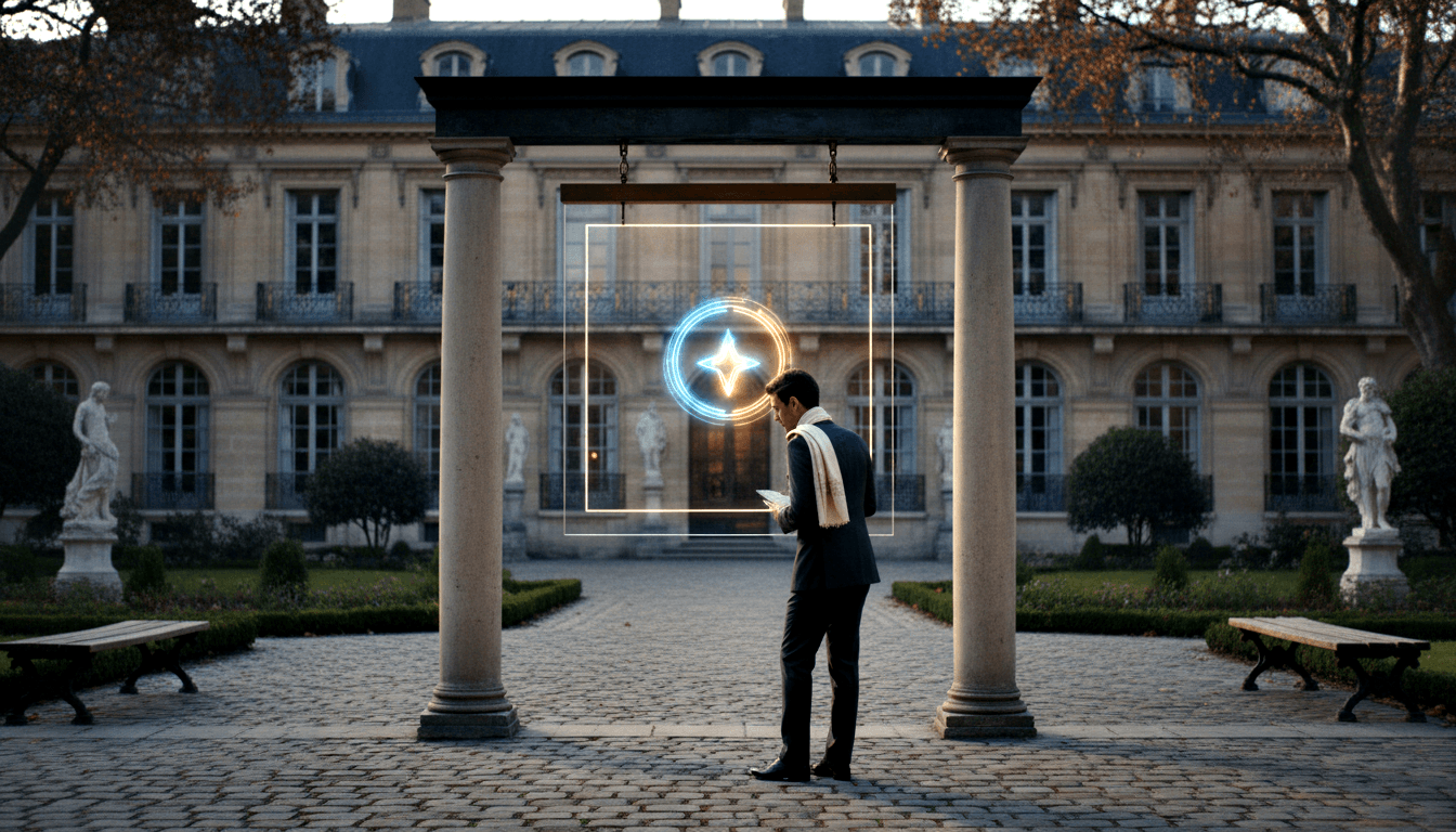 Man in dark navy suit and light scarf stands under a stone portico between two classical columns, looking down at a glowing holographic display.
