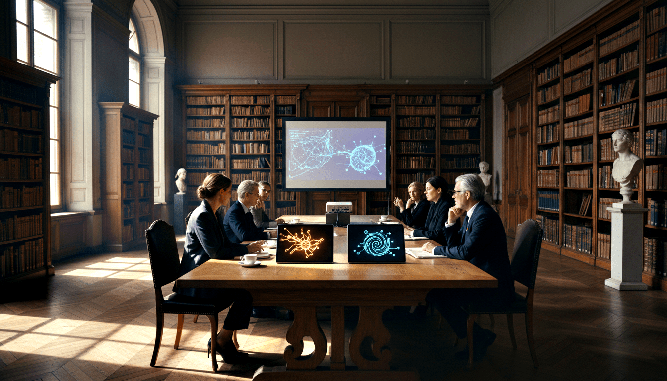 Five professionals at a conference table in a classical library; laptops and projector display teal network diagrams.