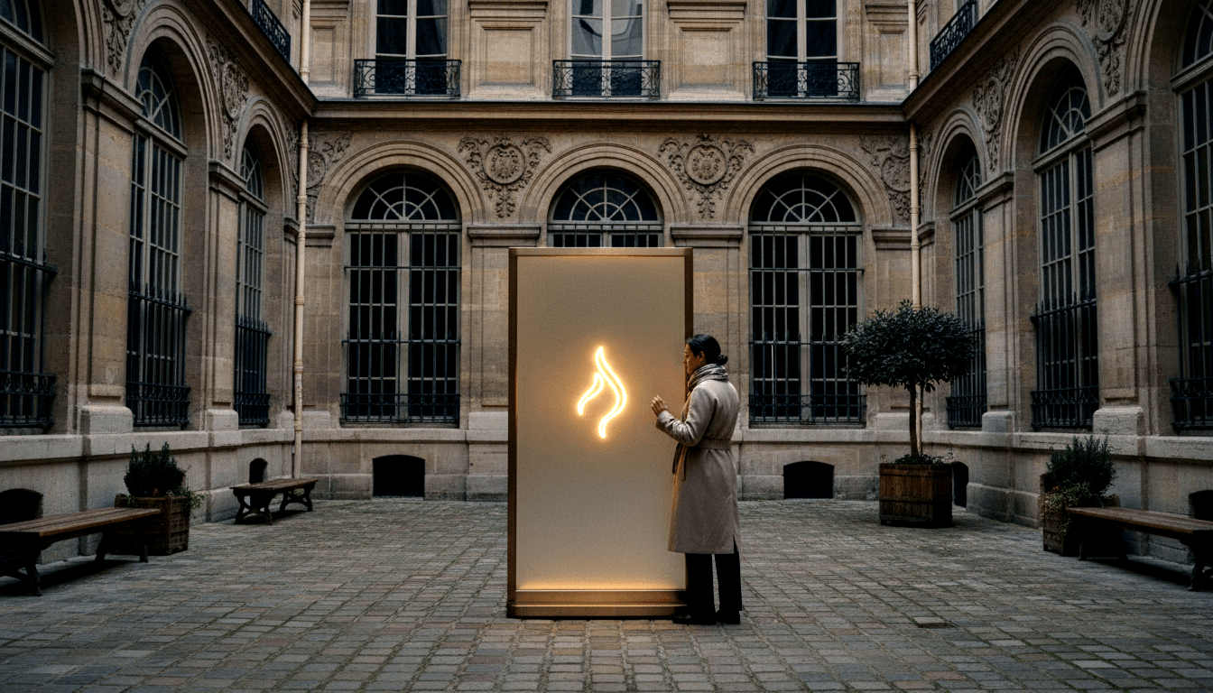 Gold-framed panel with amber intertwining flame neon curves in stone courtyard; adult in beige overcoat reaches toward it.