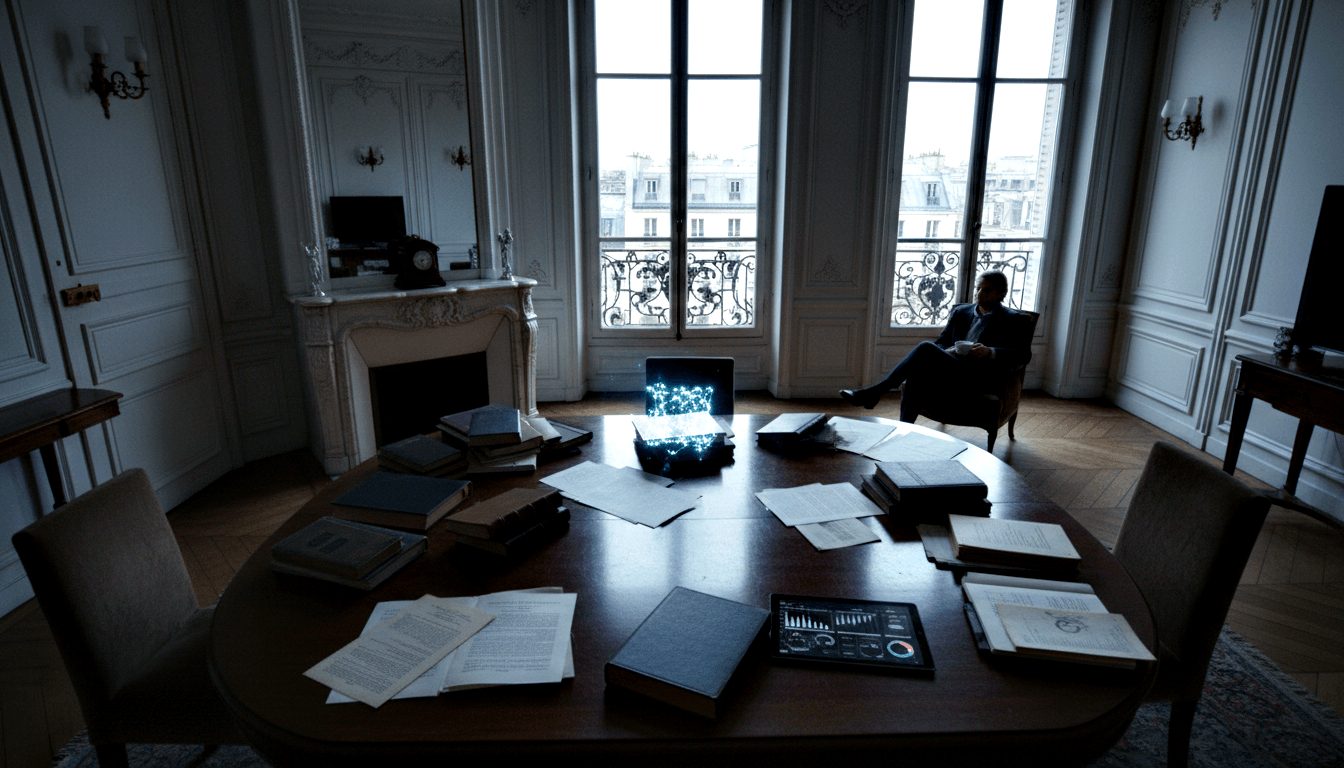 Man in dark attire sits in armchair by French windows; oval table holds papers, books, tablet, and blue network visualization.