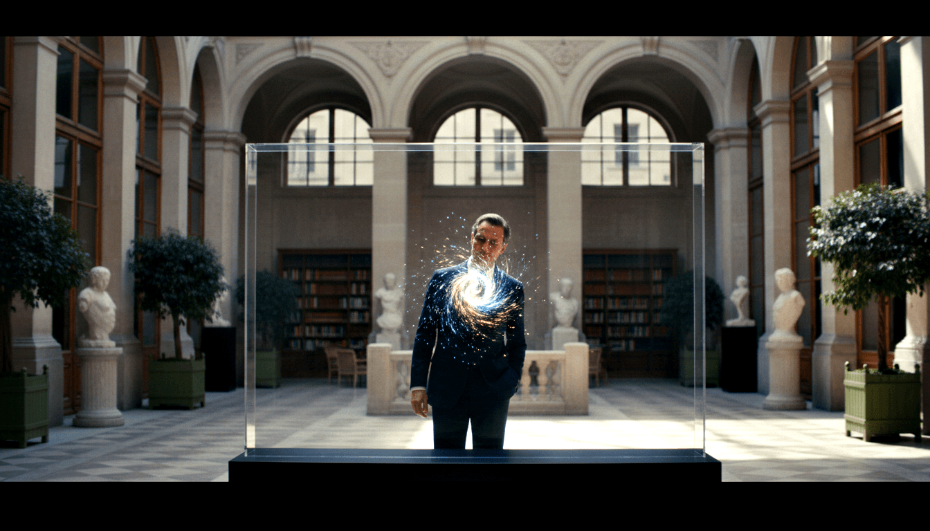 Man in navy suit inside glass vitrine, head bowed toward glowing blue-gold vortex on chest; neoclassical atrium behind.