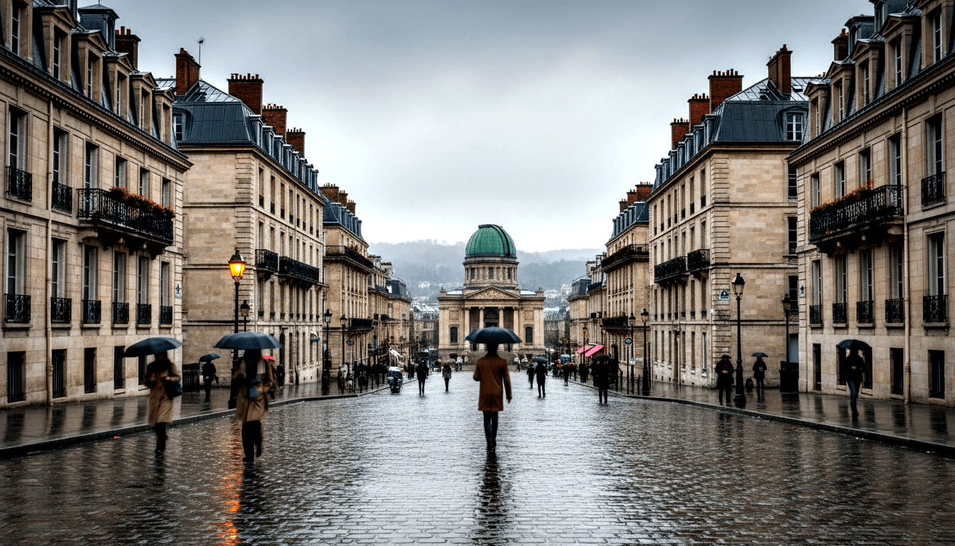 Wet cobblestone boulevard flanked by limestone mansard buildings leads to a neoclassical green-domed building; pedestrians carry umbrellas.