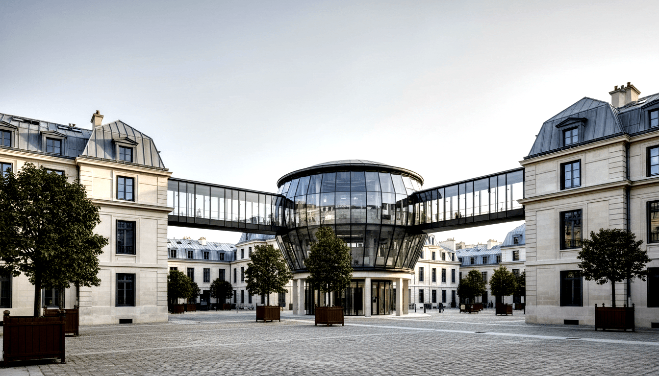 Cobblestone courtyard enclosed by limestone classical buildings with mansard rooftops, centered on a modern cylindrical glass pavilion.