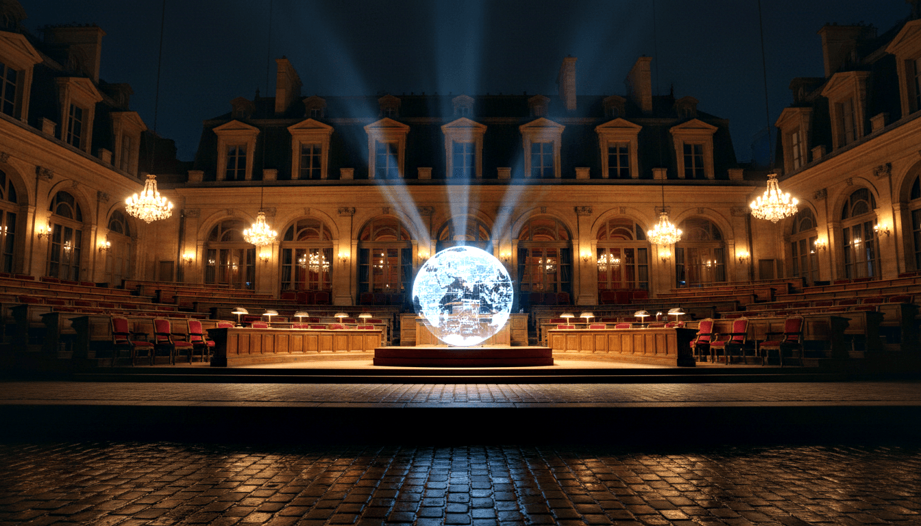 Glowing holographic globe on a raised wooden stage in a neoclassical stone courtyard, surrounded by crimson-upholstered chairs and desks.