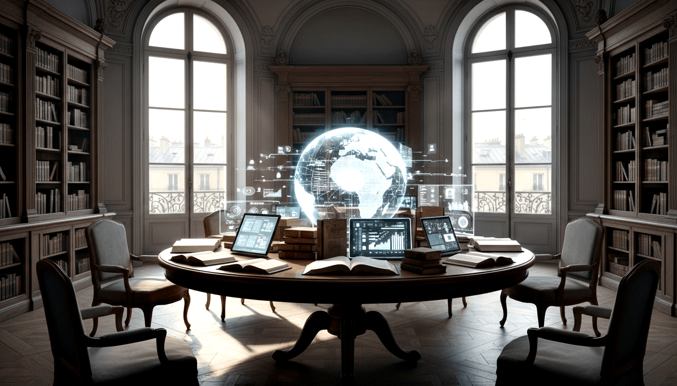 CGI classical library with dark wood shelves, arched windows, and a glowing cyan holographic globe above a central mahogany table.