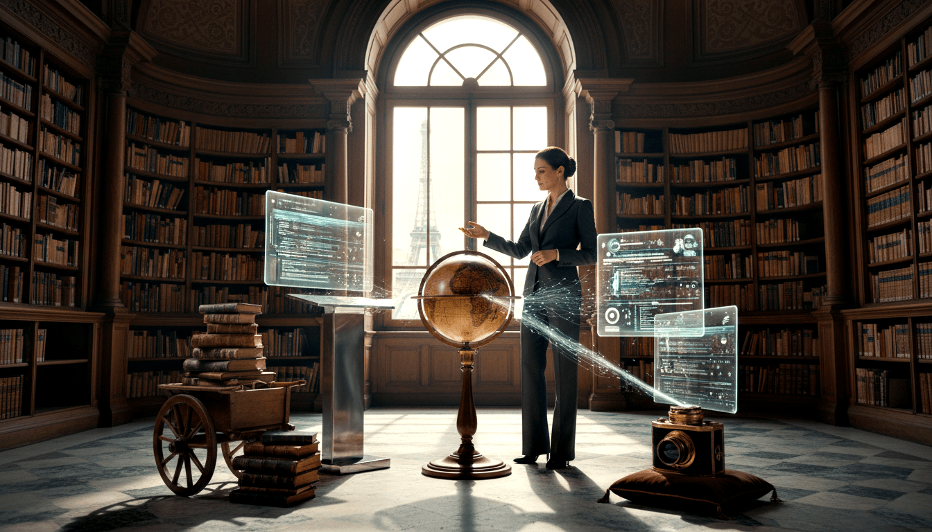 Woman in charcoal suit gestures at holographic screens linked by glowing beam to antique globe in circular wood-paneled library.